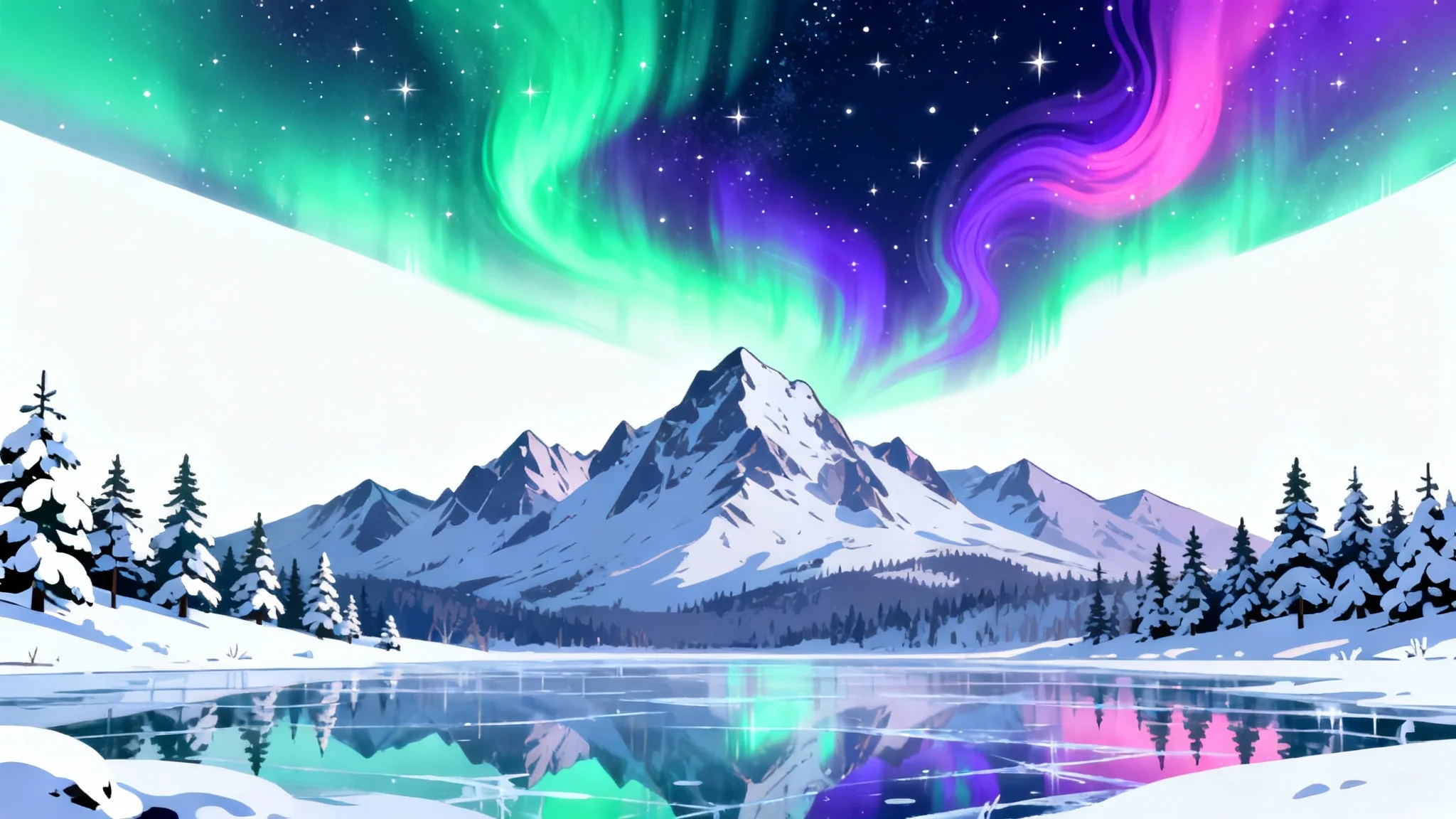 A digital illustration of the vibrant green and purple northern lights dancing in the night sky over a snow-covered mountain landscape and a frozen lake.