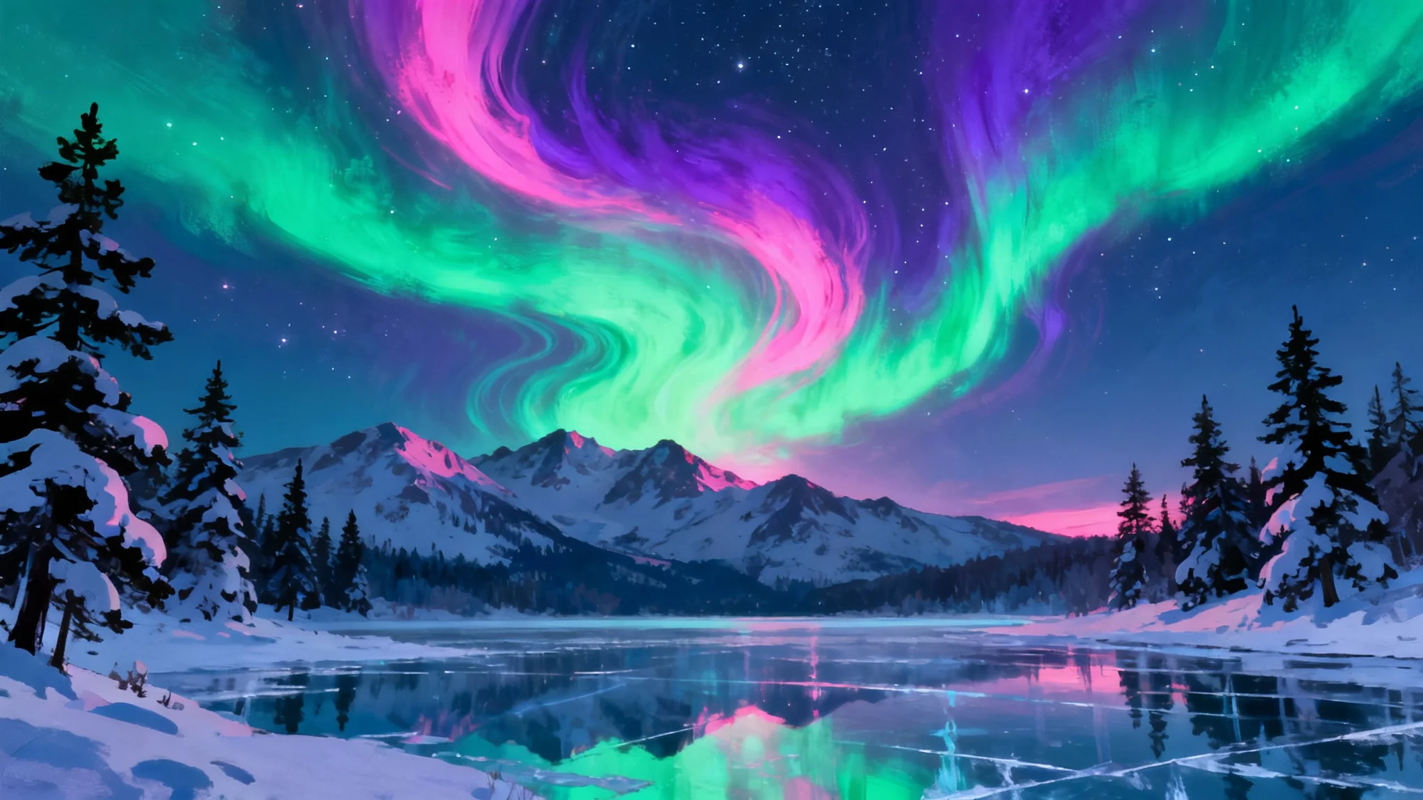 A vibrant digital illustration of the northern lights with green, pink, and purple hues swirling in the night sky above snow-covered mountains and a frozen lake reflecting the lights.