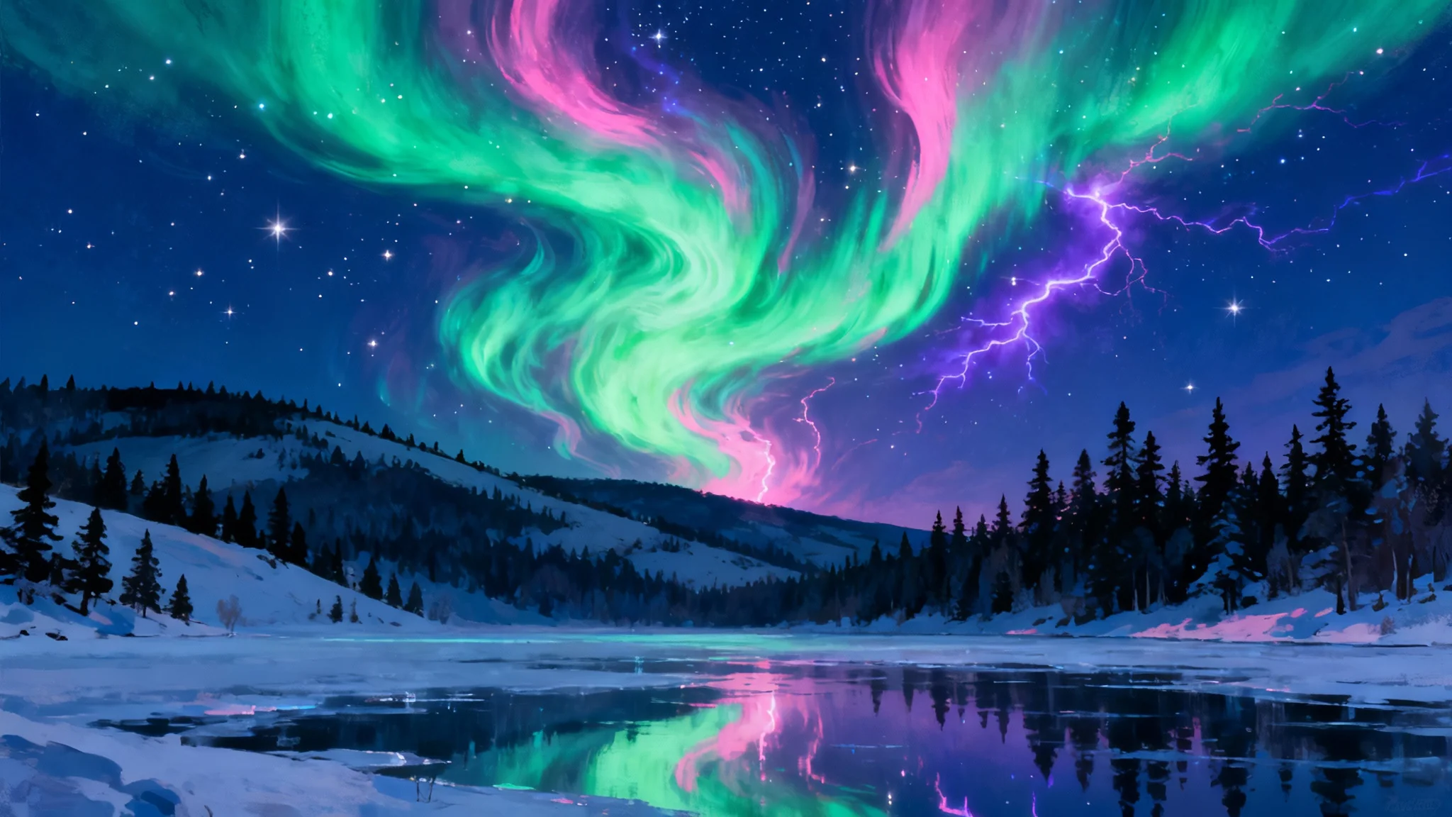 A stunning digital illustration of the vibrant northern lights swirling in the night sky above a snow-covered pine forest and a reflective frozen lake.