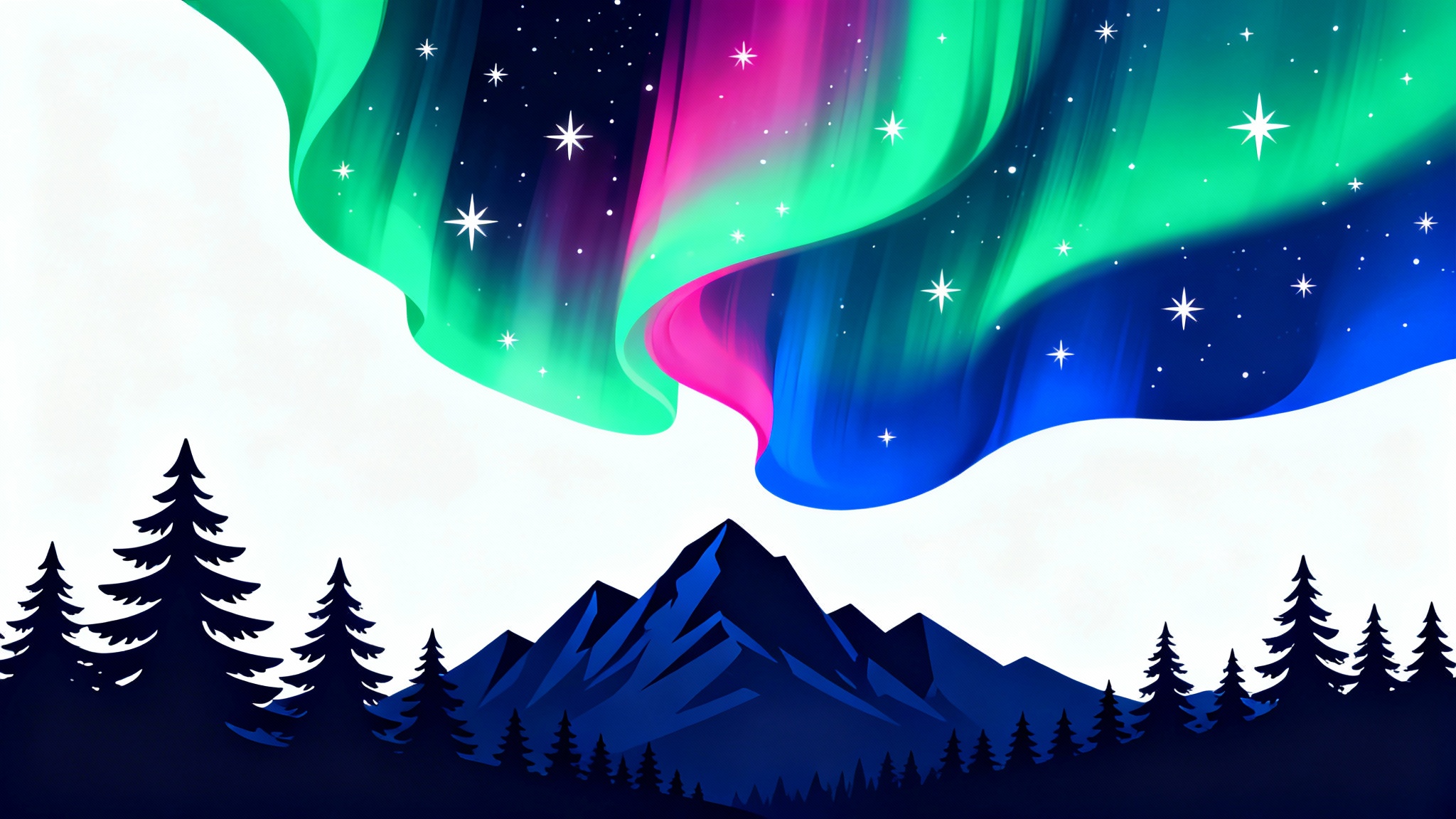 A vibrant digital illustration of the northern lights with green and purple hues glowing above a silhouette of a mountain range and pine forest, isolated on a white background.