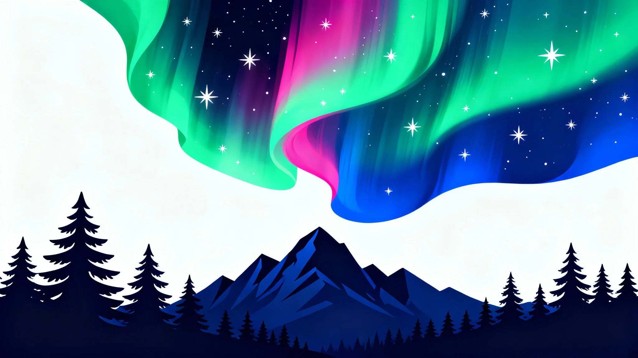 A vibrant digital illustration of the northern lights with green and purple hues glowing above a silhouette of a mountain range and pine forest, isolated on a white background.