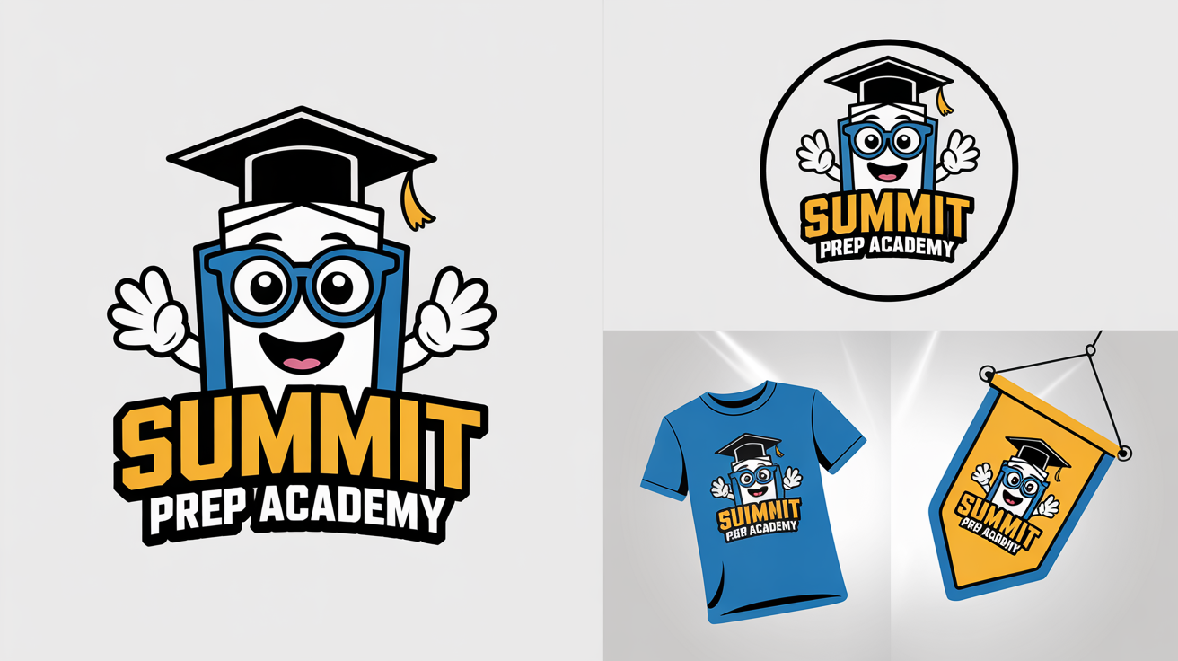 A professionally designed brand showcase for a school mascot, which is a cheerful cartoon school building wearing a graduation cap. The mascot is shown as a large vector illustration, inside a 'Summit Prep Academy' school crest, and printed on a t-shirt and pennant.
