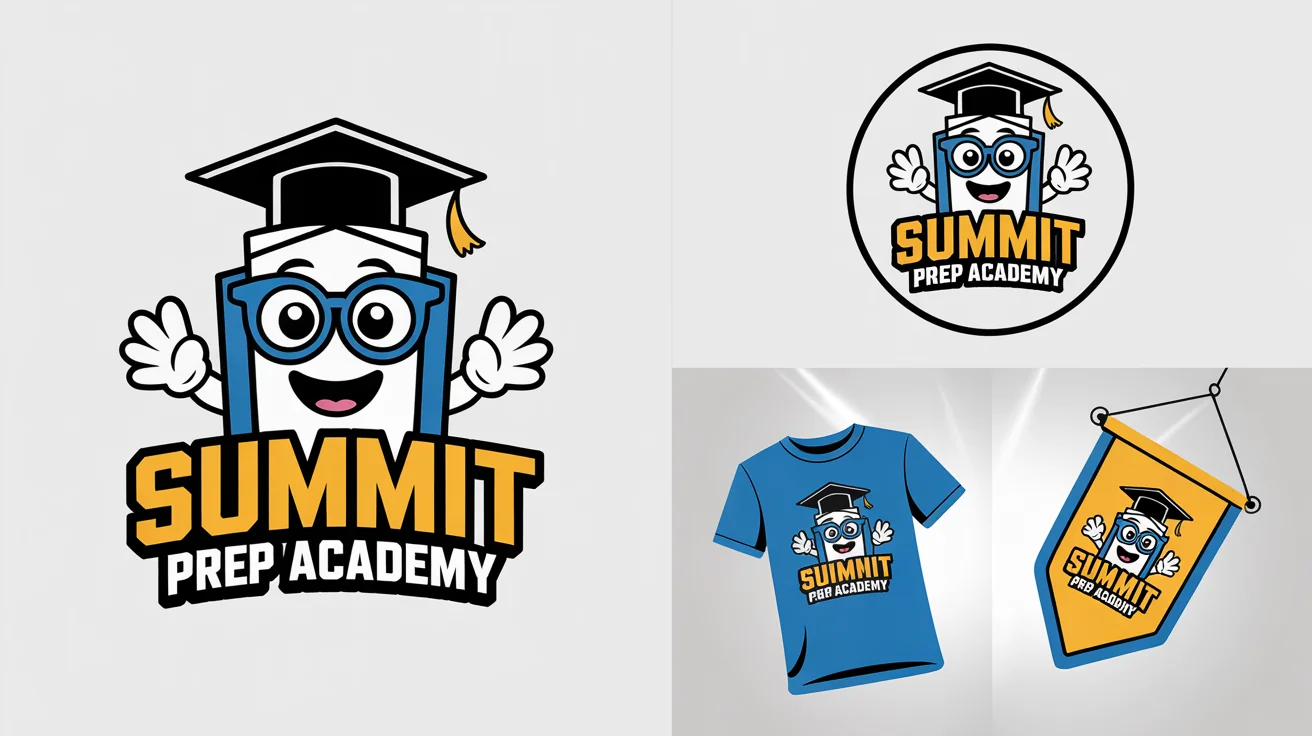 A professionally designed brand showcase for a school mascot, which is a cheerful cartoon school building wearing a graduation cap. The mascot is shown as a large vector illustration, inside a 'Summit Prep Academy' school crest, and printed on a t-shirt and pennant.