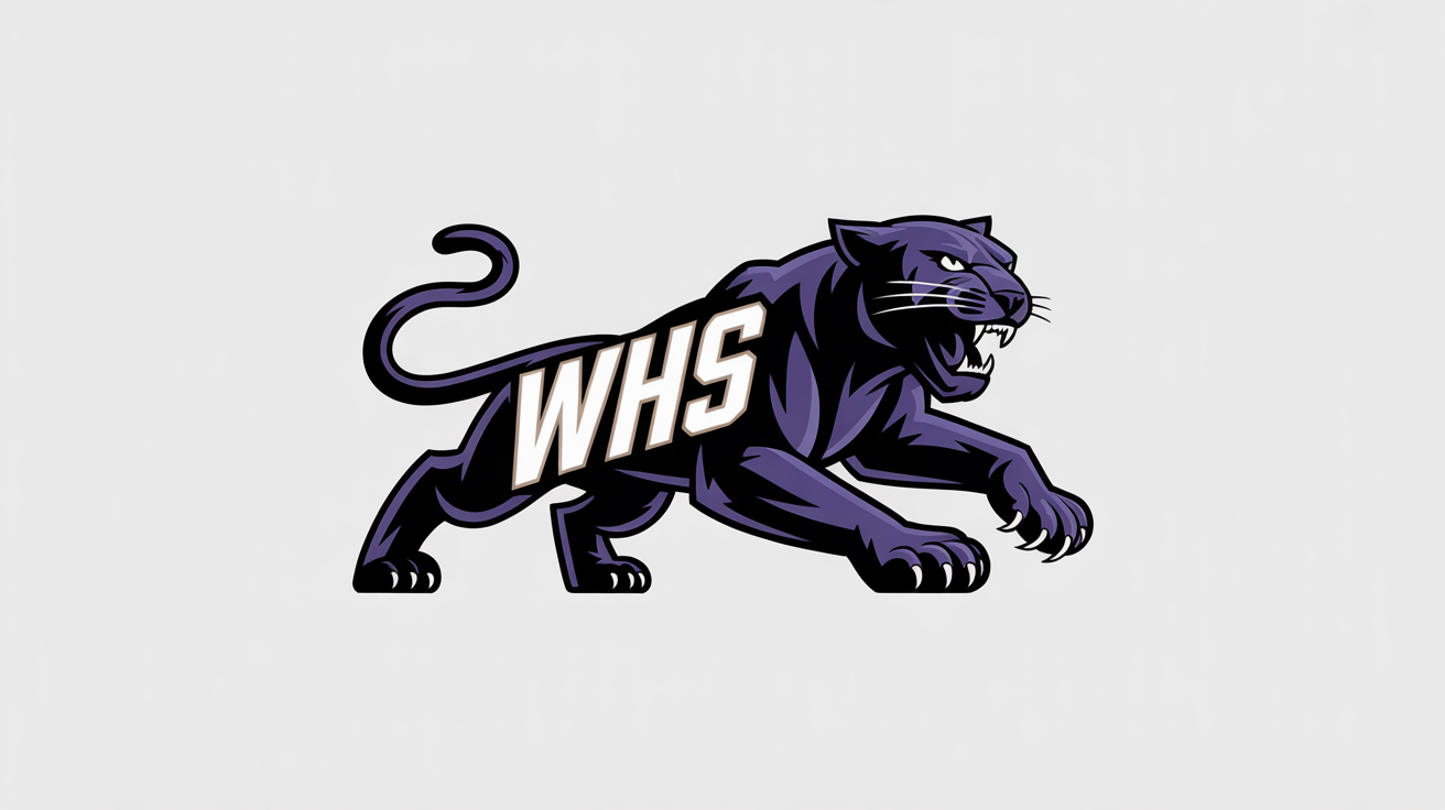 A modern vector logo of a school mascot, a fierce panther in royal purple and gold, with the initials 'WHS' on its shoulder, isolated on a white background.