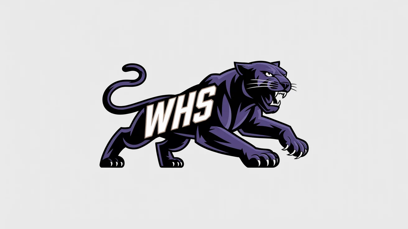A modern vector logo of a school mascot, a fierce panther in royal purple and gold, with the initials 'WHS' on its shoulder, isolated on a white background.