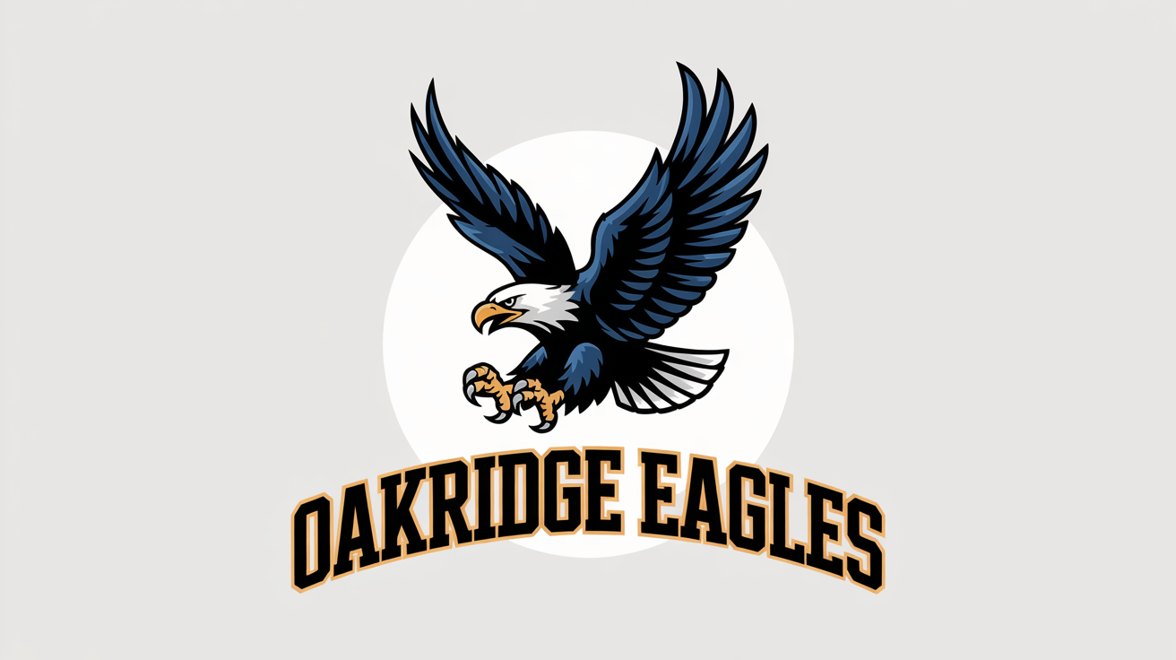 A modern vector logo of a school mascot, featuring a fierce eagle in navy blue and gold with the text 'OAKRIDGE EAGLES' in a collegiate font, all on a clean white background.