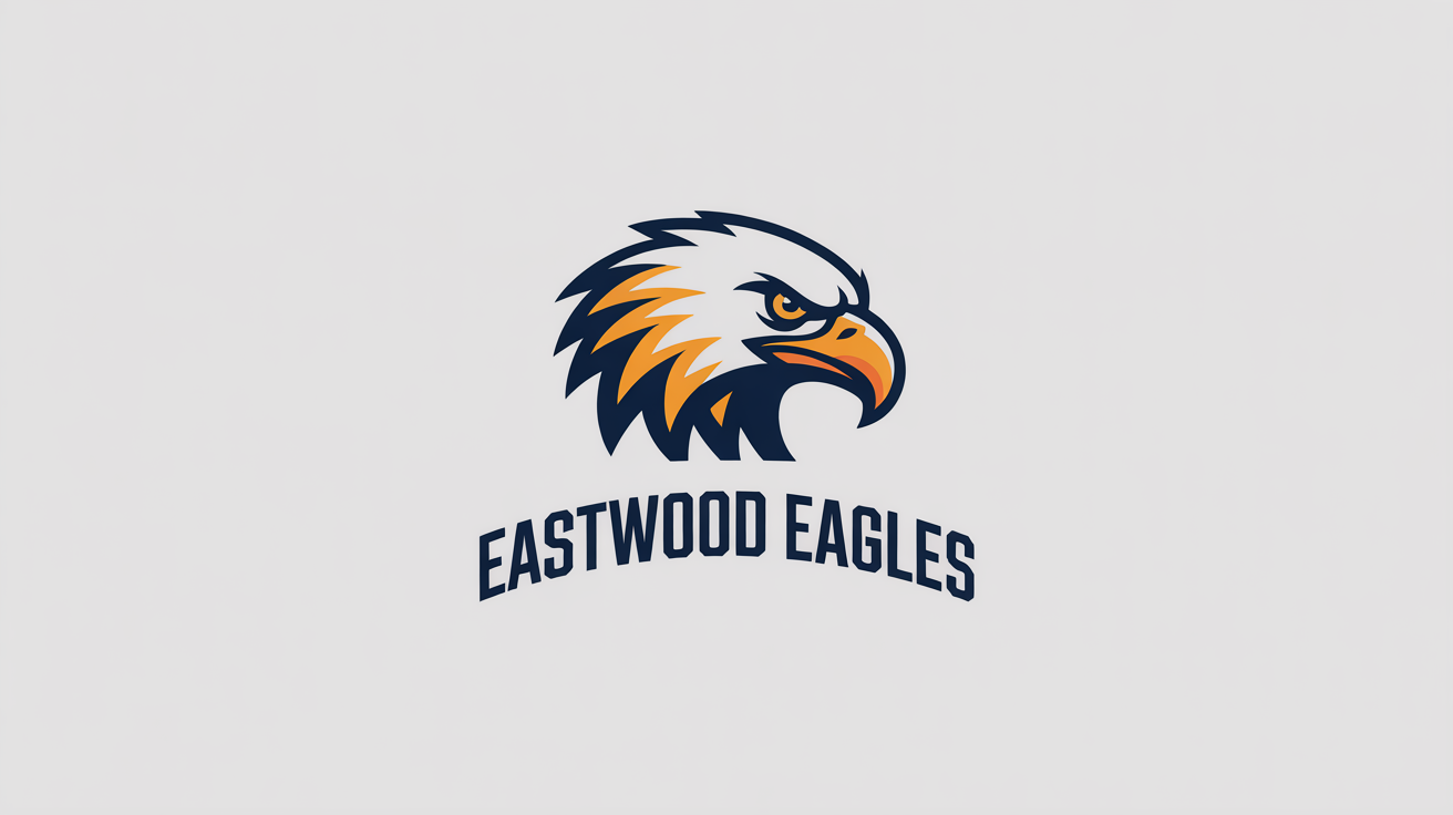 A modern vector logo of a school mascot, the Eastwood Eagles. It features a stylized eagle in navy blue and orange, with the school name arched below, all on a clean white background.