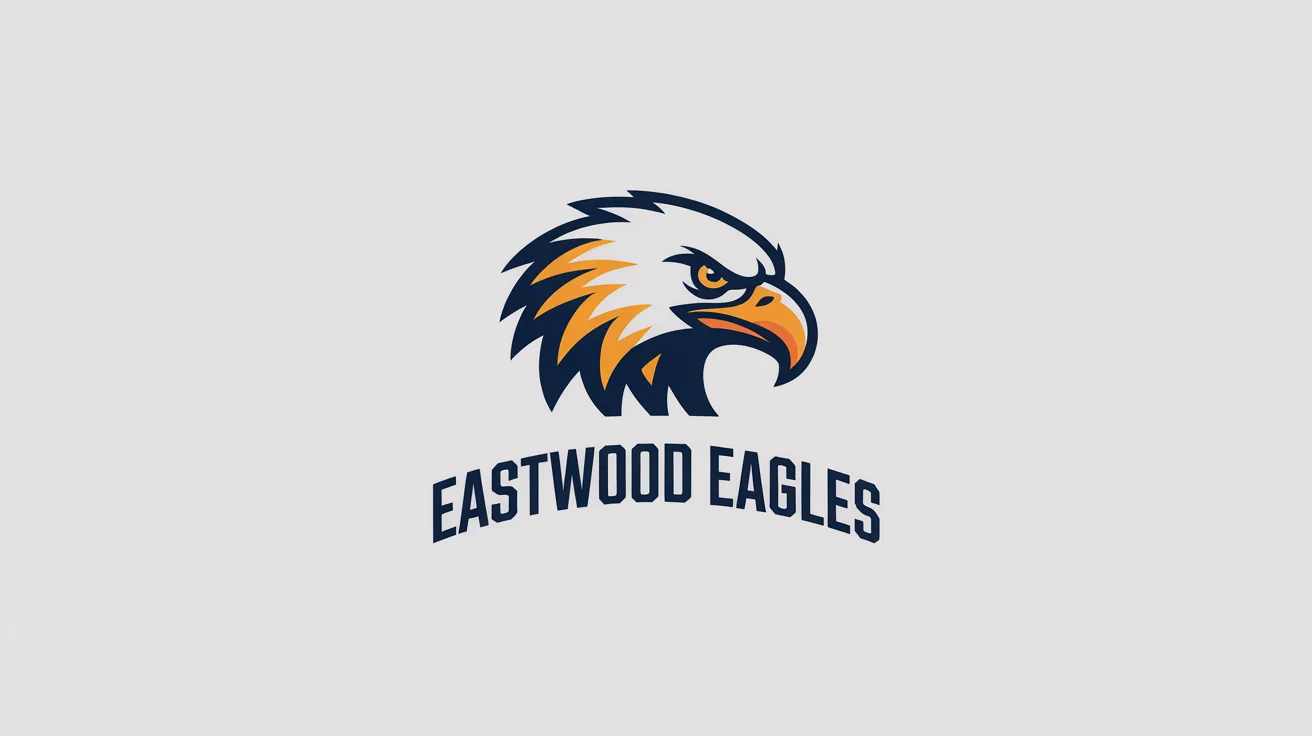 A modern vector logo of a school mascot, the Eastwood Eagles. It features a stylized eagle in navy blue and orange, with the school name arched below, all on a clean white background.