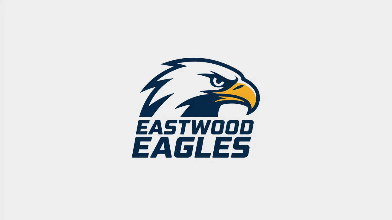 A modern vector logo for a school mascot, the 'EASTWOOD EAGLES'. The design features a fierce eagle head in profile, using a navy blue, gold, and white color scheme, all on a clean white background.