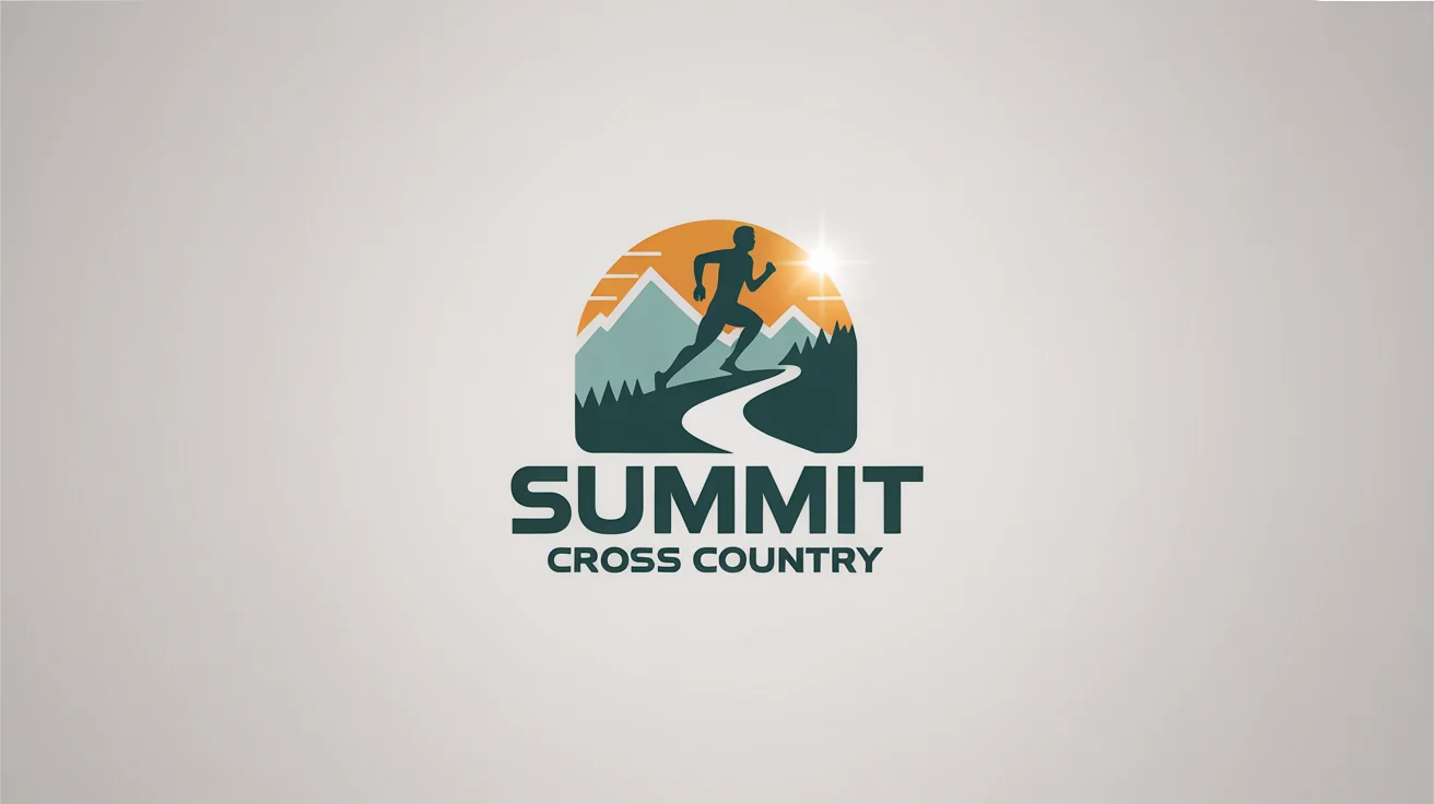 A professionally designed logo for a cross country team named 'Summit Cross Country', featuring a runner silhouette, mountains, and a sun in a modern emblem style.