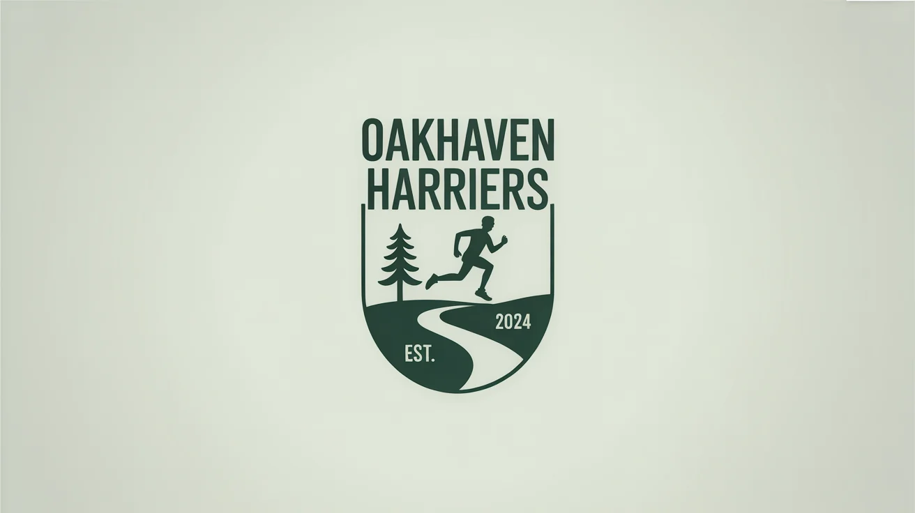 A modern shield-shaped logo for a cross country club named 'Oakhaven Harriers', featuring a runner silhouette, a pine tree, and a trail, presented on a white background.