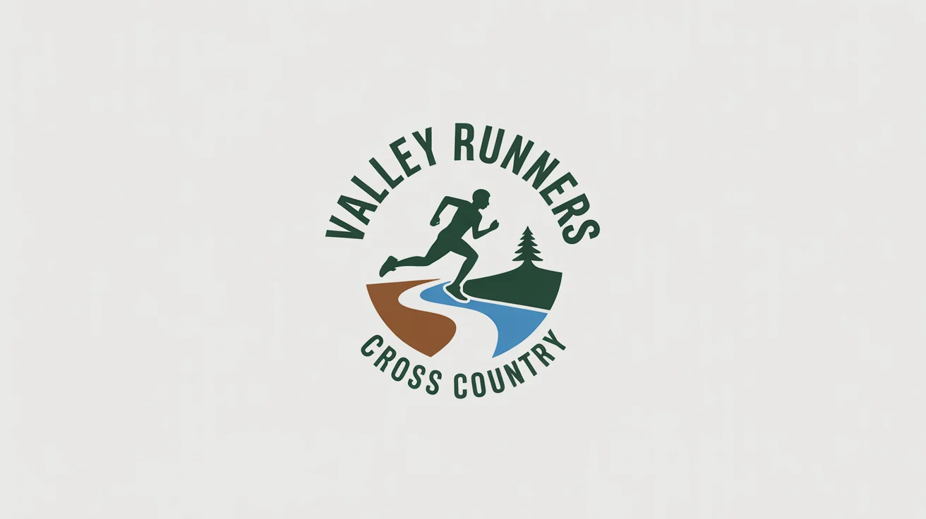 A modern vector logo for a cross country team, featuring a silhouette of a runner on a path with a pine tree. The text reads 'Valley Runners Cross Country'.