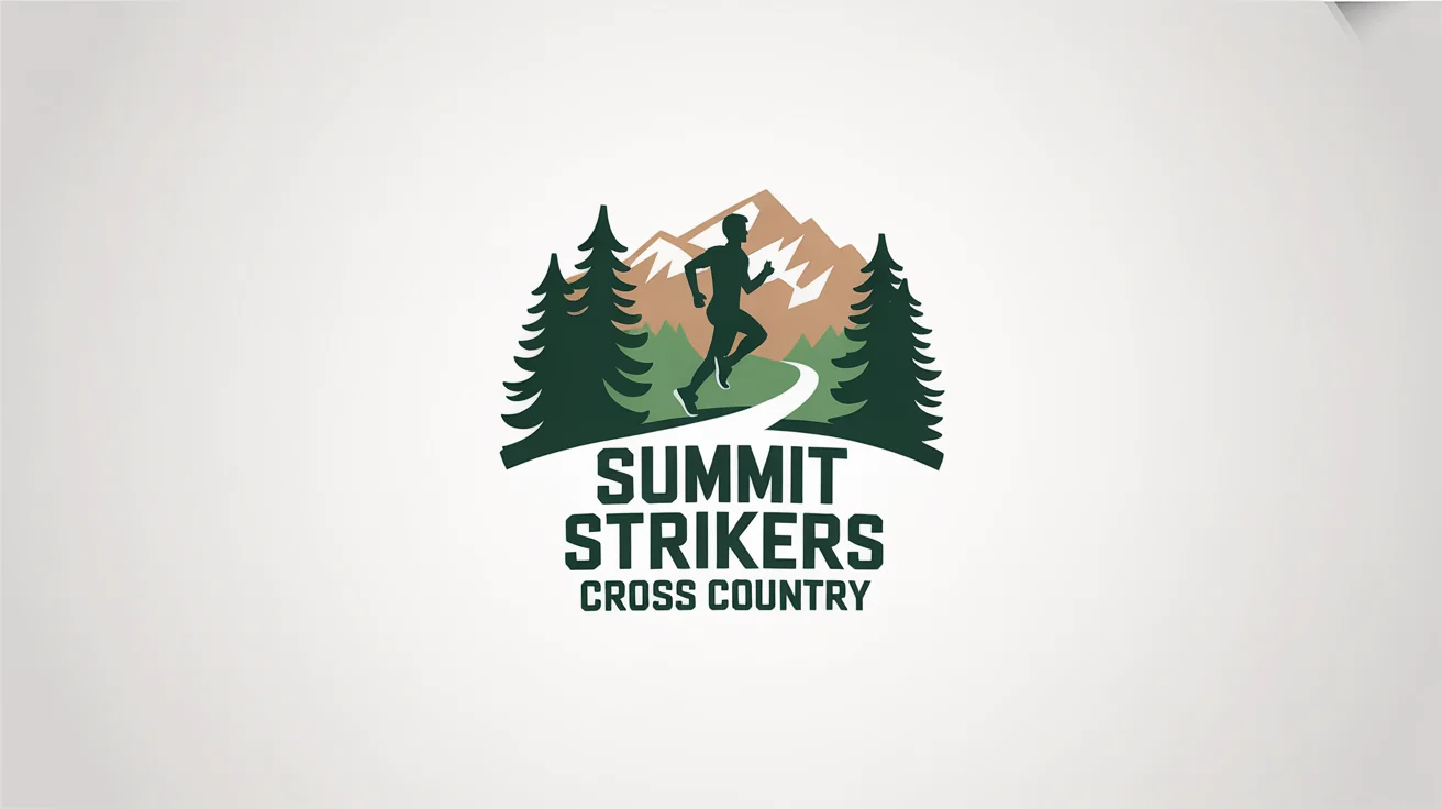 A mockup of a modern cross country team logo for 'Summit Strikers', featuring a runner's silhouette against a mountain and forest backdrop, presented on a white background.