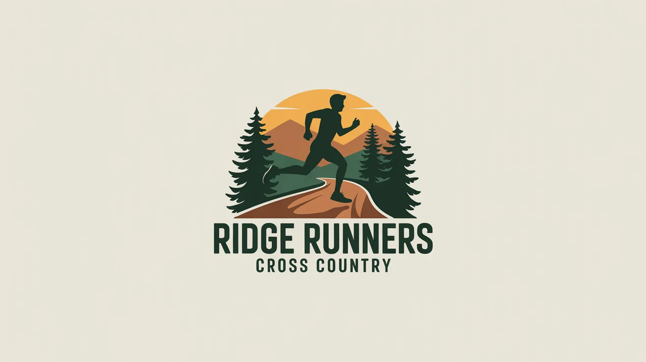 A professionally designed cross country logo for the 'Ridge Runners'. The emblem-style logo features a runner, a trail, and mountains, presented clearly on a white background.