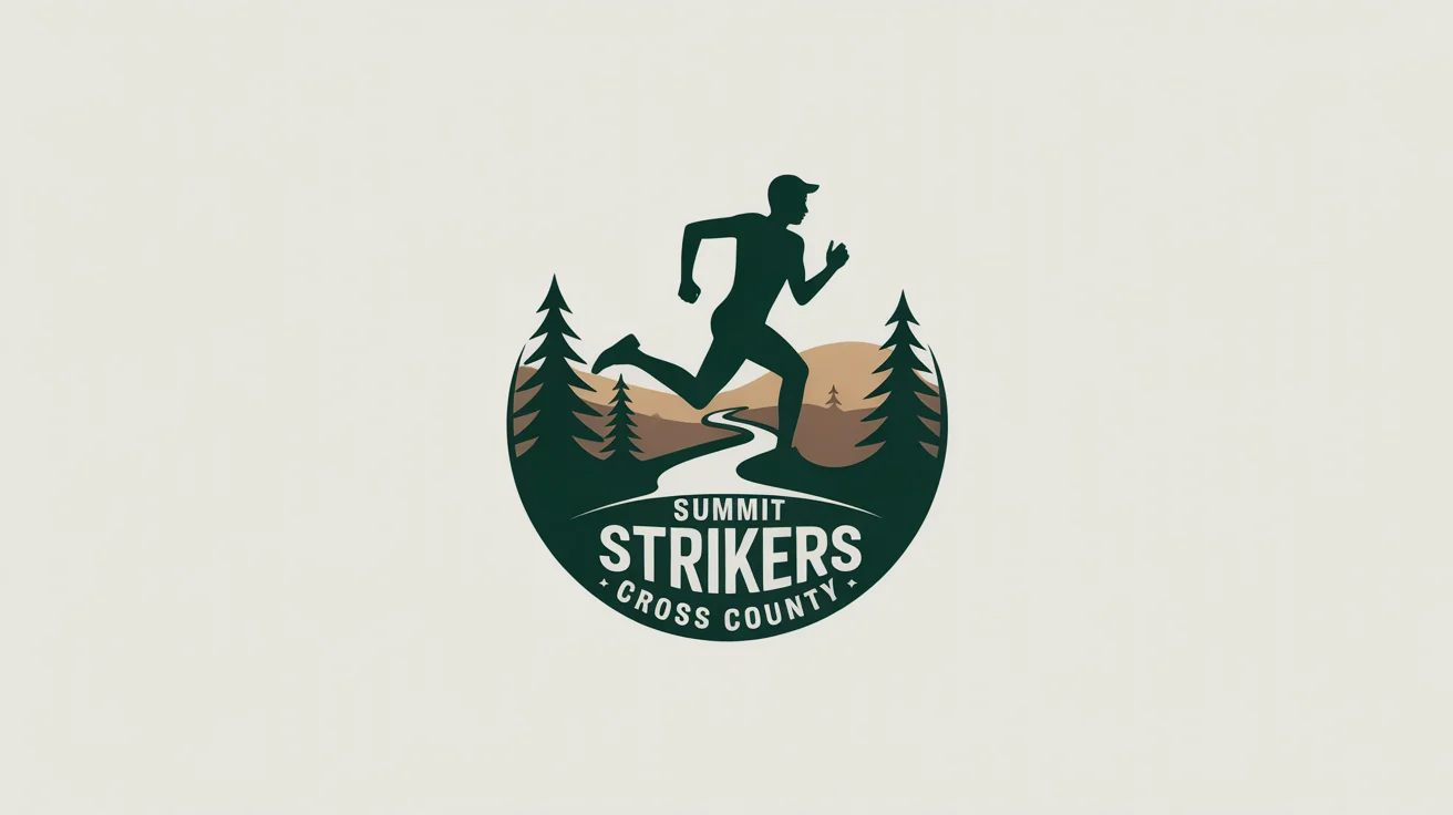 A modern, circular cross country logo for the 'Summit Strikers'. The design features a runner's silhouette against hills and trees, displayed as a mockup on a white background.