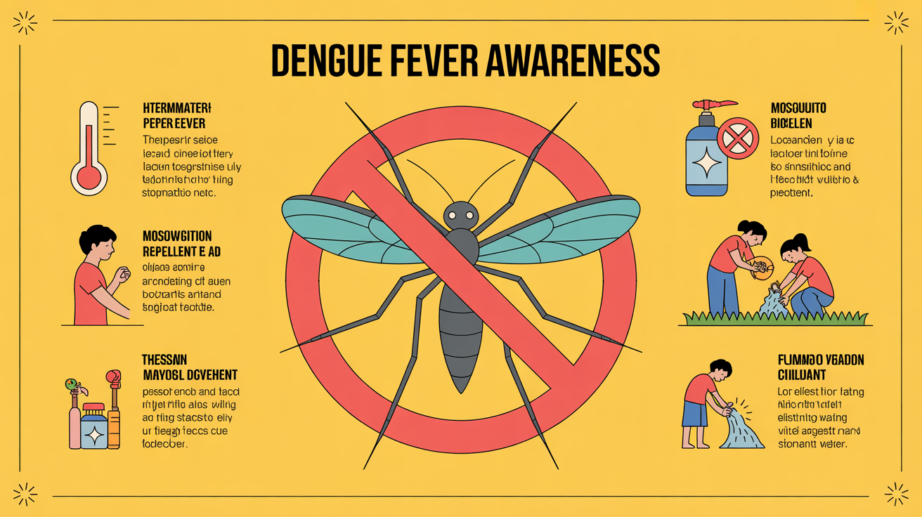 A polished and professional infographic about dengue fever on a yellow background. It shows sections for symptoms and prevention, with vector icons of a mosquito, a thermometer, and people cleaning.