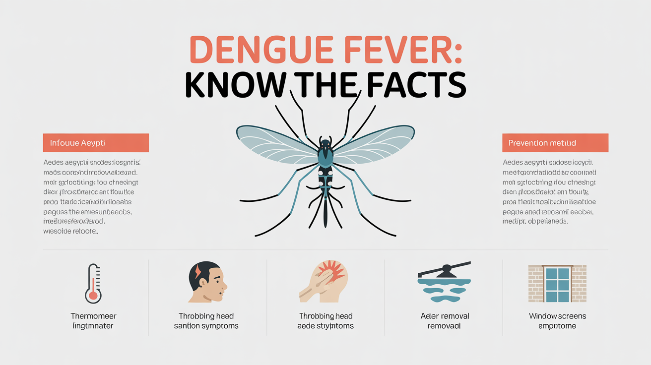 A modern, professional infographic mockup about Dengue fever on a white background. It includes the title 'DENGUE FEVER: KNOW THE FACTS' and sections with vector icons for symptoms like fever and headache, and prevention tips like eliminating standing water.