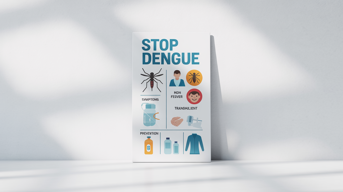 A professional infographic mockup about Dengue fever prevention and symptoms, featuring icons and illustrations against a clean, white background.