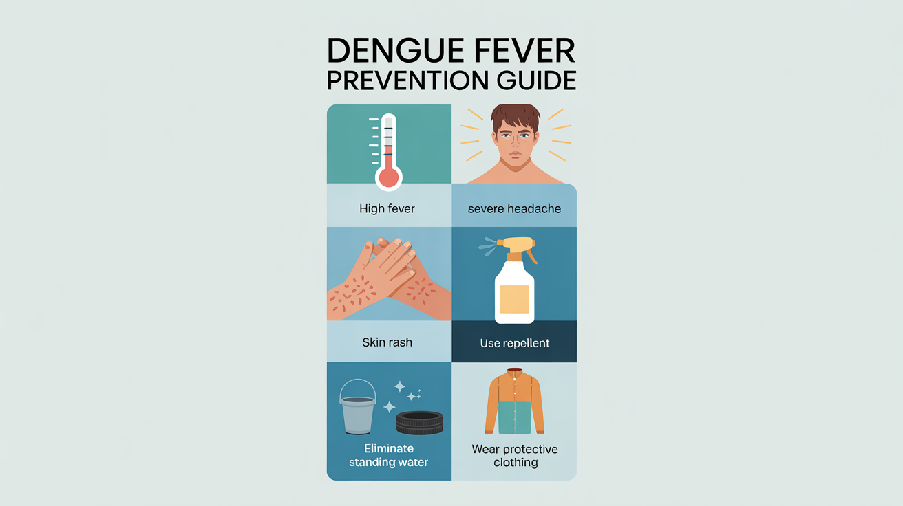 An informative infographic on dengue fever prevention, with a title 'DENGUE FEVER PREVENTION GUIDE'. It features icons for symptoms and illustrations for protective measures like using repellent and eliminating standing water.