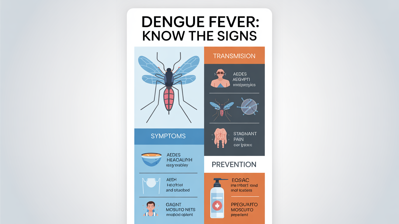 A modern infographic mockup about dengue fever, showing sections for symptoms, transmission via mosquito, and prevention tips, all on a clean white background.