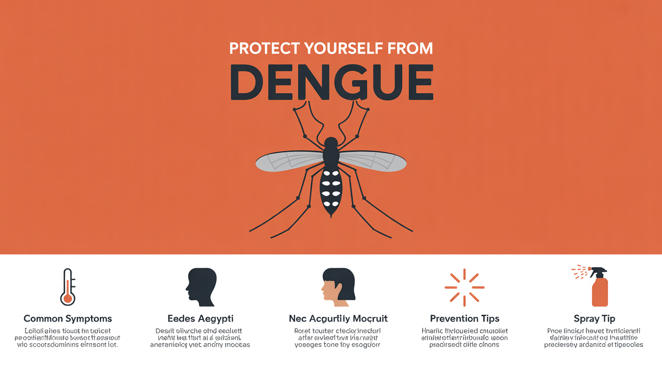 A mockup of a professionally designed infographic about Dengue fever prevention and symptoms. It features a modern flat design with icons for fever, headache, using repellent, and eliminating standing water, all on a clean white background.