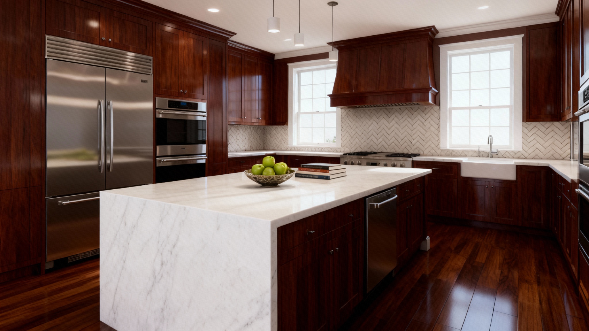A photorealistic rendering of a finished luxury kitchen design, featuring a large marble island, dark wood custom cabinetry, and state-of-the-art appliances, bathed in natural light.