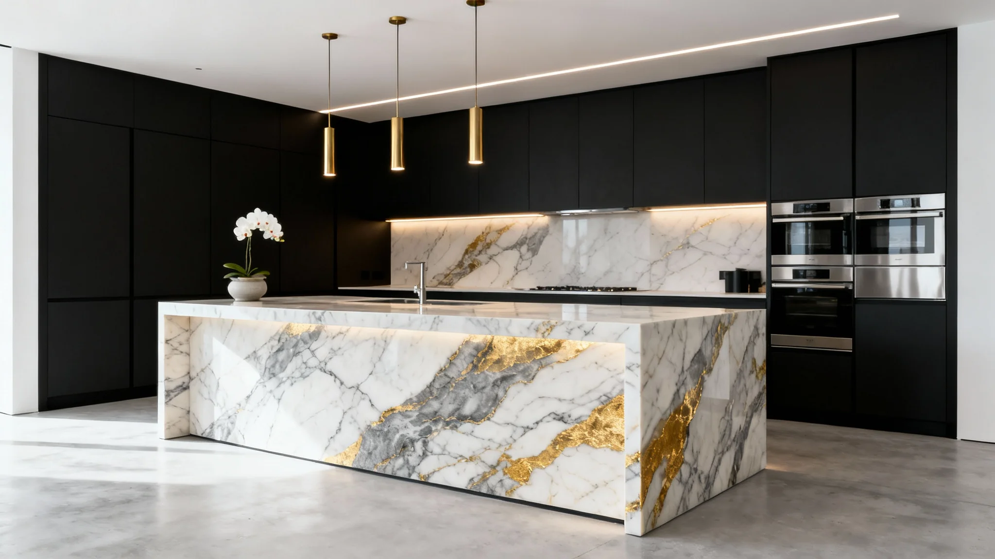 A photorealistic mockup of a high-end luxury kitchen featuring a marble waterfall island, matte black cabinetry, and brass pendant lights, set against a stark white background.