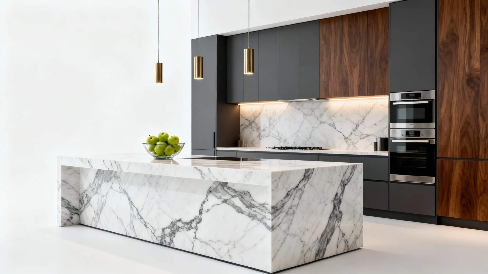A photorealistic image of a luxurious, modern kitchen with a large marble waterfall island, dark wood and charcoal cabinetry, and brass pendant lights, all isolated on a clean white background.