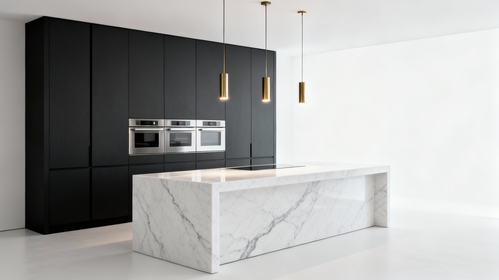 A photorealistic mockup of a modern, luxury kitchen featuring a white marble waterfall island, dark charcoal cabinets, and brass pendant lights, isolated on a clean white background.