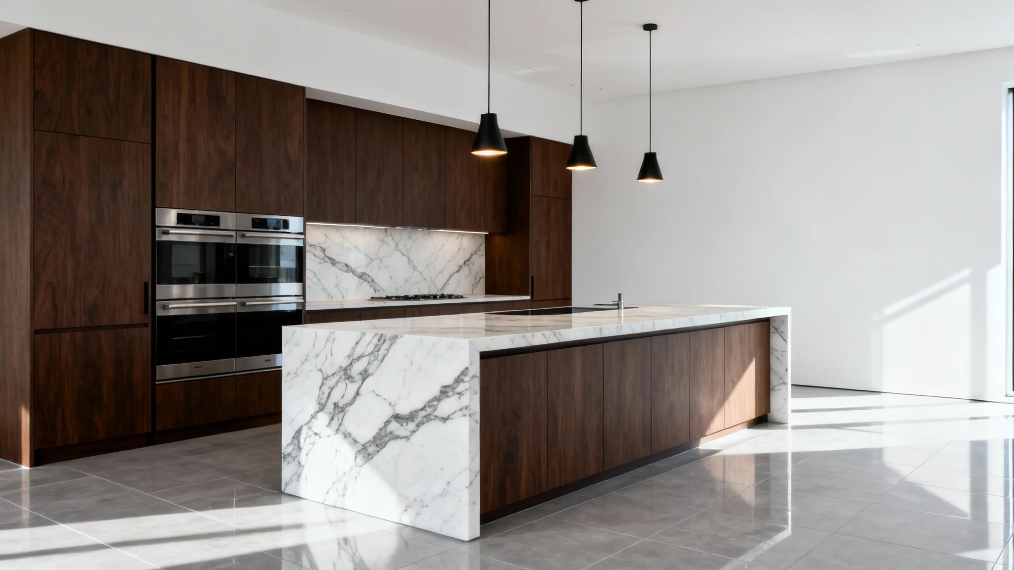 A photorealistic image of a luxury kitchen featuring dark walnut cabinets, a white marble waterfall island, and high-end integrated appliances, all set against a clean white background.