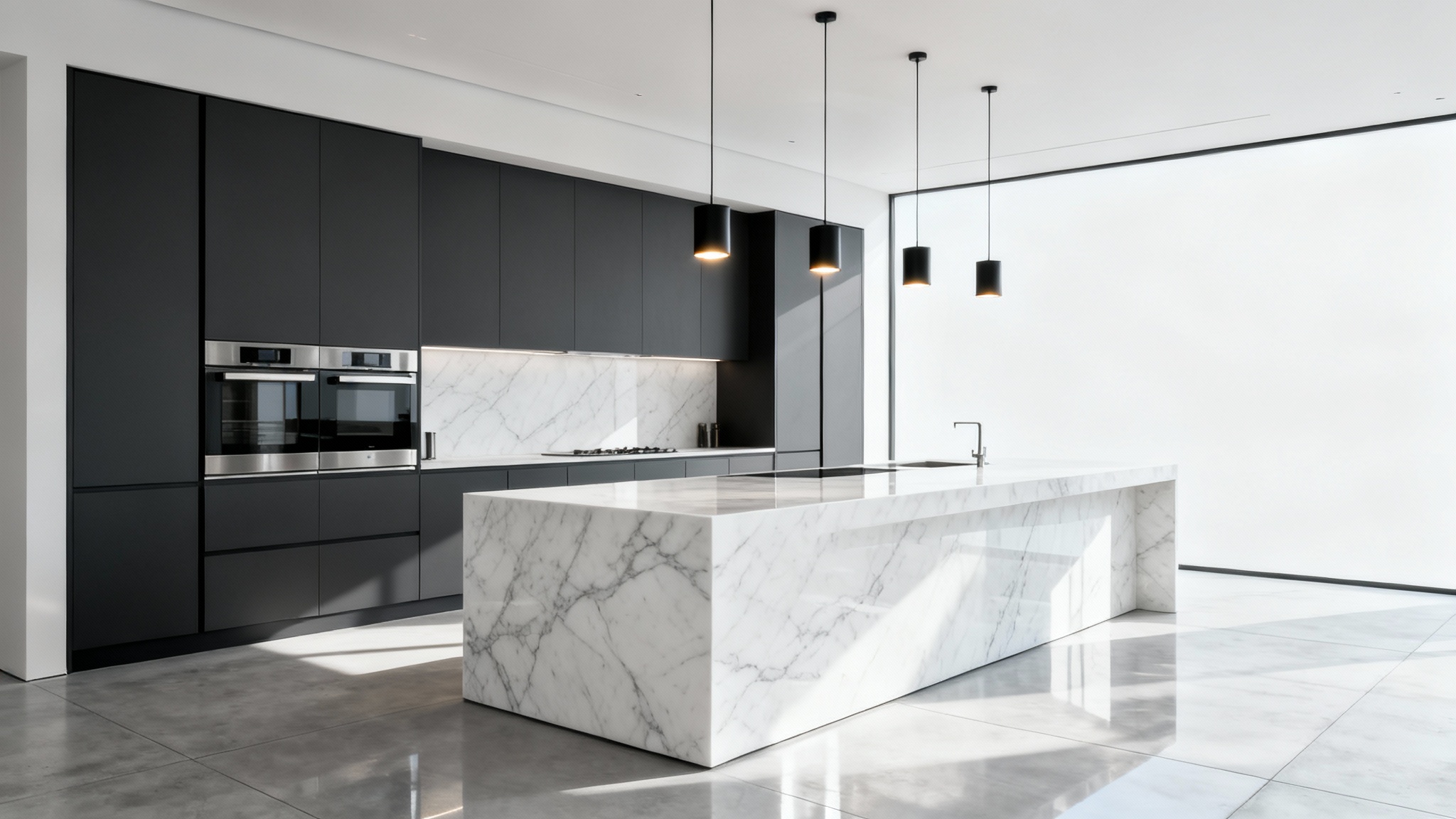 A stunning, photorealistic render of a modern luxury kitchen with a large marble waterfall island, dark grey handleless cabinets, and integrated high-end appliances, bathed in bright, natural light.