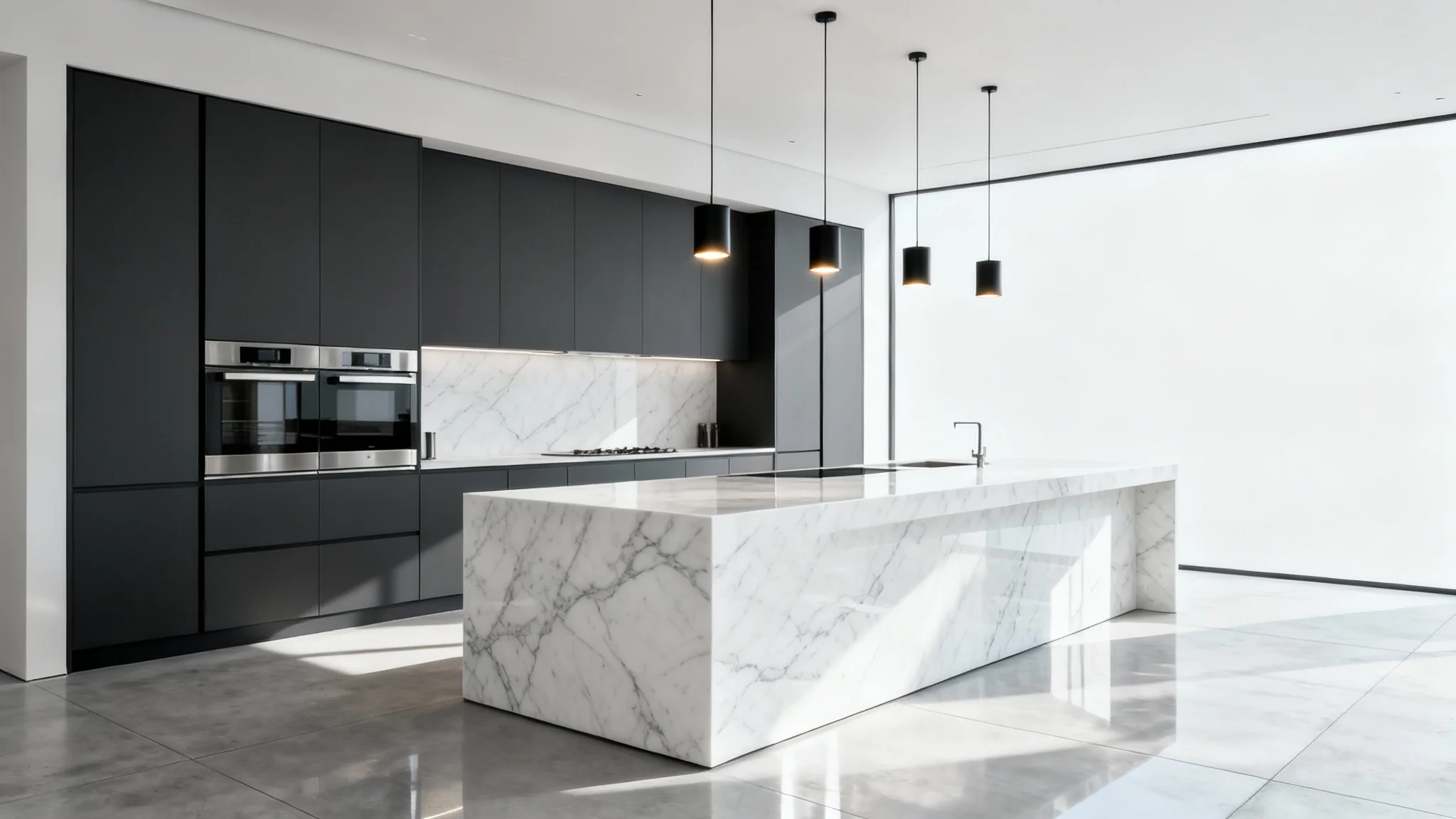 A stunning, photorealistic render of a modern luxury kitchen with a large marble waterfall island, dark grey handleless cabinets, and integrated high-end appliances, bathed in bright, natural light.