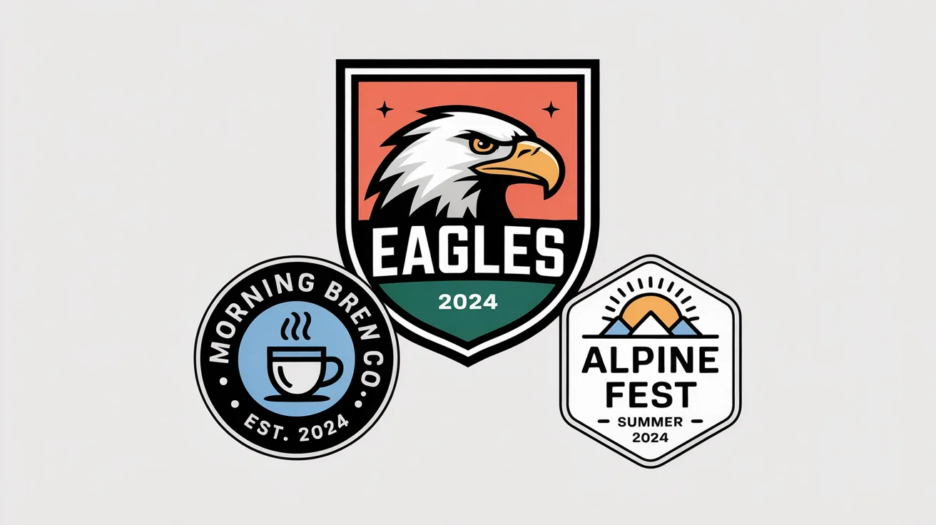 A collection of three professionally designed badge logos on a white background: a sports emblem for the 'Eagles', a coffee brand logo for 'Morning Brew Co.', and an event logo for 'Alpine Fest'.