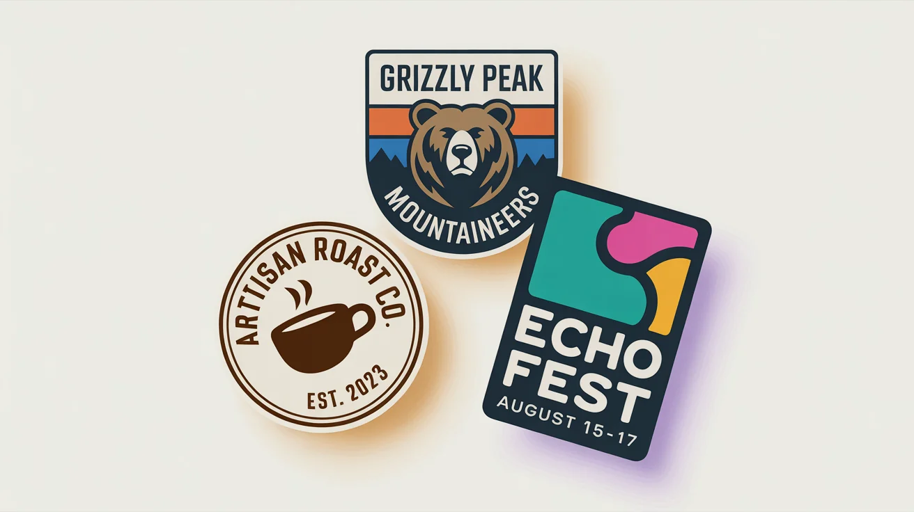 A collection of three distinct, professionally designed badge logos on a white background, representing a coffee brand, a sports team, and a music festival, showcasing custom logo generation.