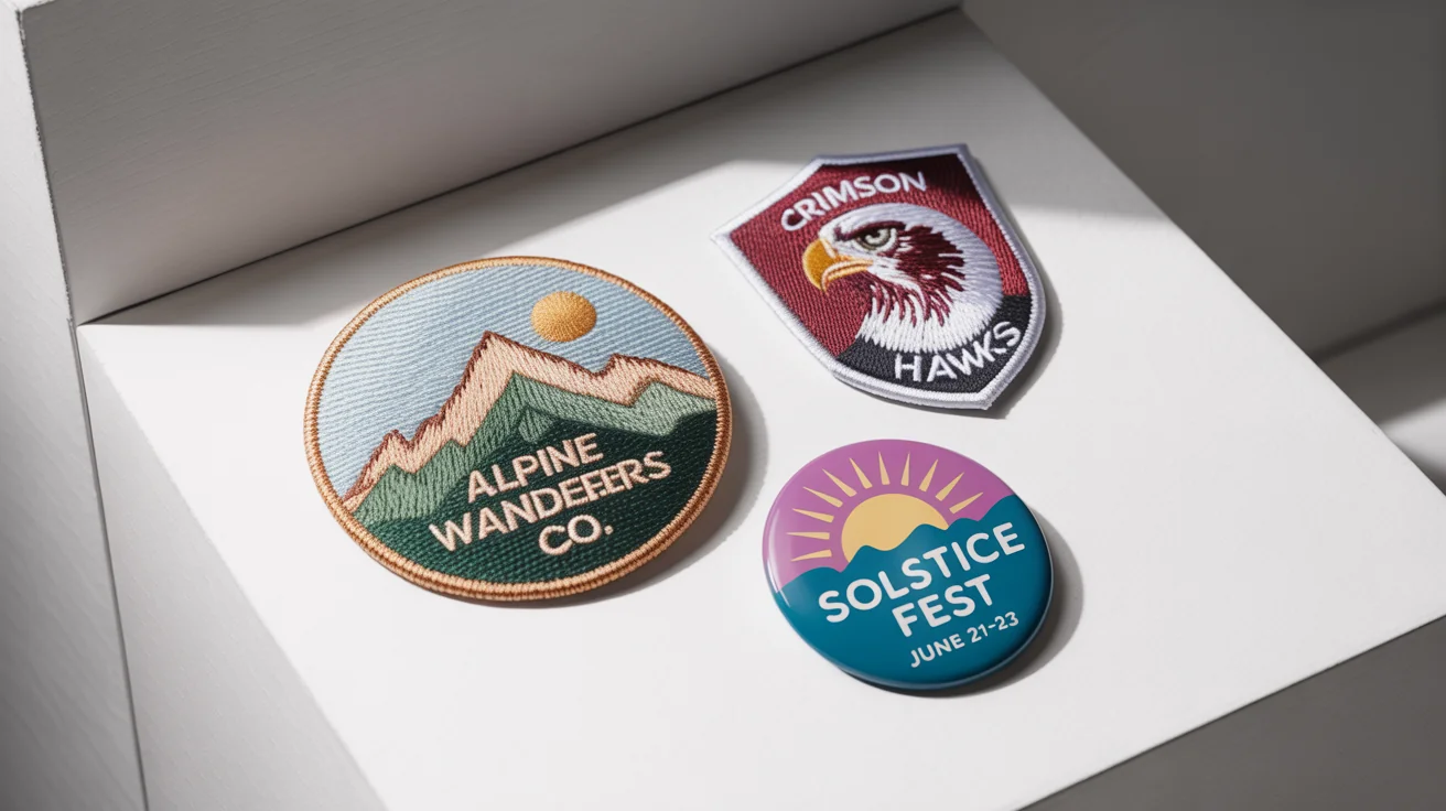 A collection of three custom-designed badge logos: an embroidered patch for 'Alpine Wanderers Co.', a sports emblem for the 'Crimson Hawks', and an enamel pin for 'Solstice Fest'.