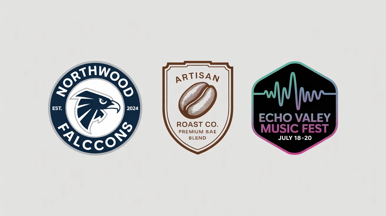 A showcase of three custom badge logos on a white background: a modern blue and silver logo for the 'Northwood Falcons' sports team, a vintage brown logo for 'Artisan Roast Co.', and a vibrant hexagonal logo for the 'Echo Valley Music Fest'.