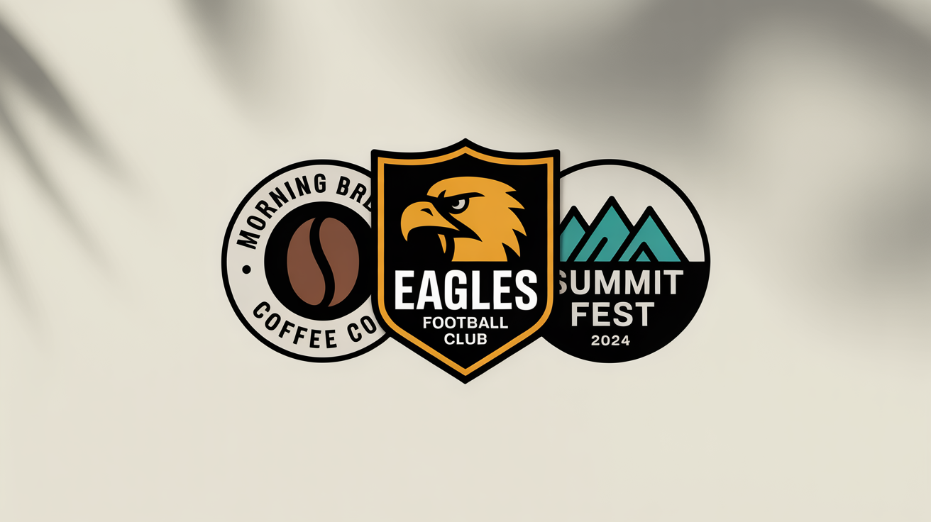A collection of three custom-designed badge logos: one for a coffee company, one for a football team, and one for a festival, displayed on a white background.
