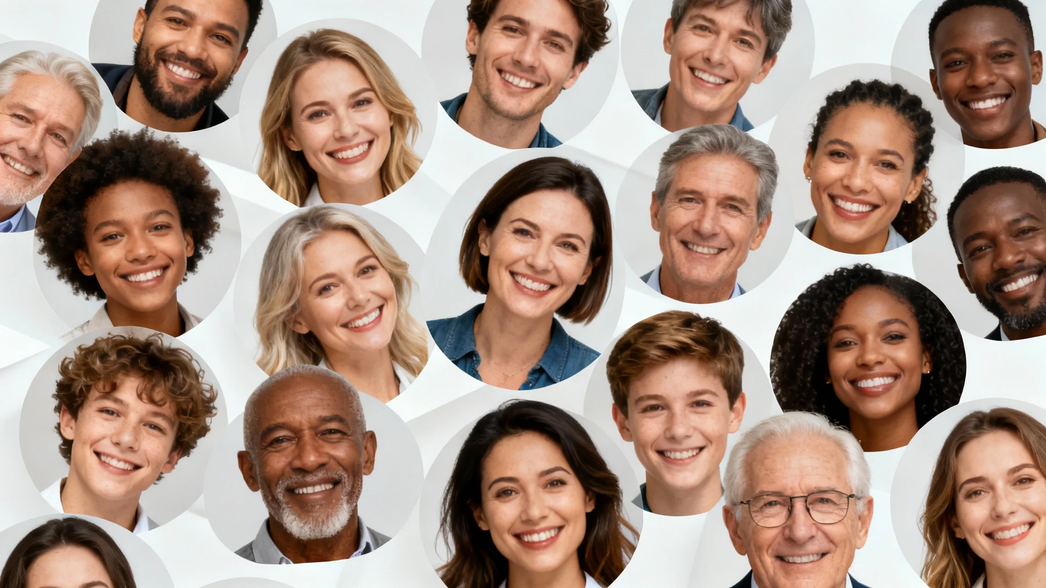 An eye-catching collage of perfectly cut-out faces of diverse smiling people, demonstrating the clean and precise results of a face cutout tool.