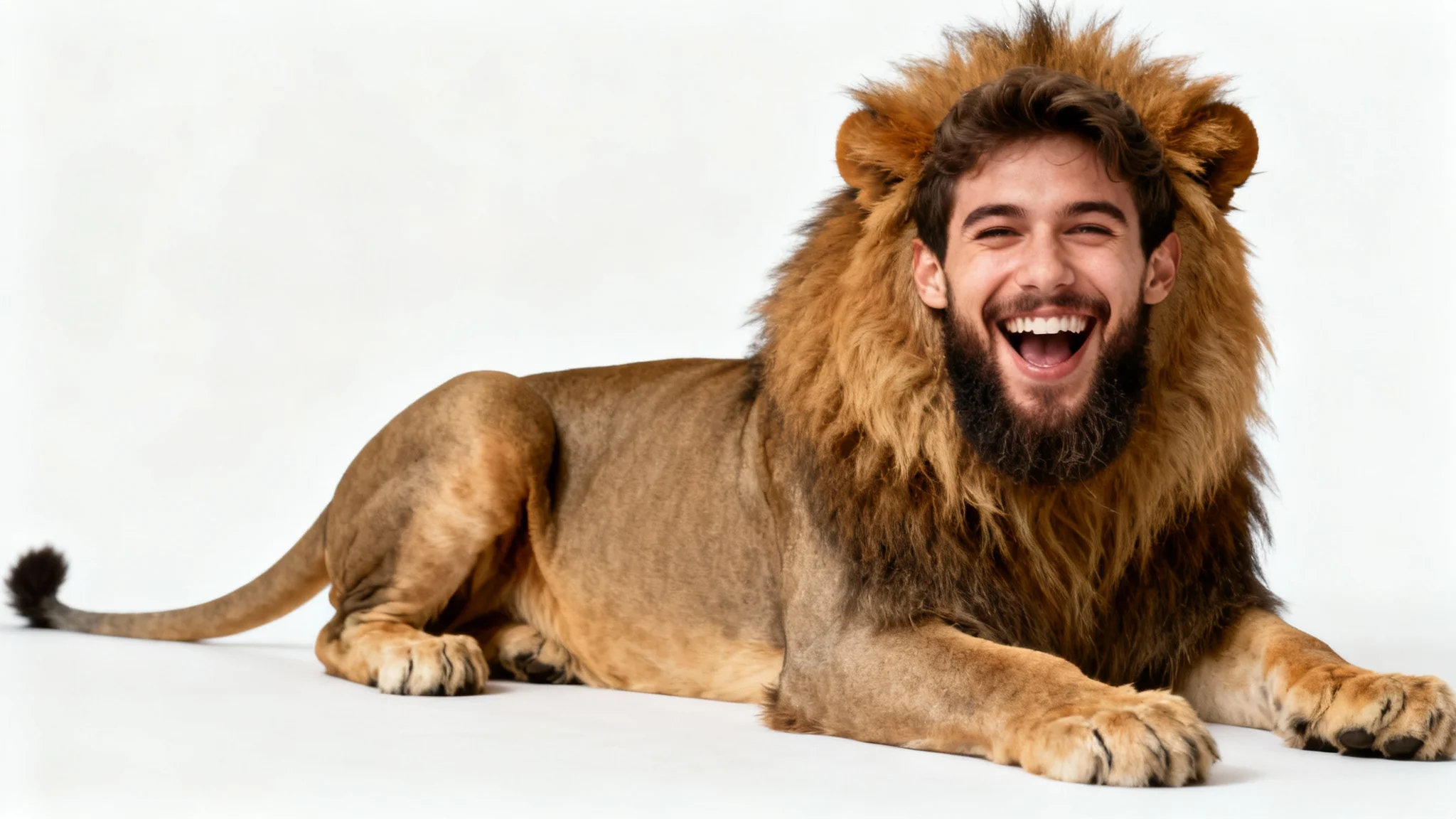 A humorous and surreal image showing a man's laughing face seamlessly cut out and placed onto the body of a majestic lion, set against a clean white background.