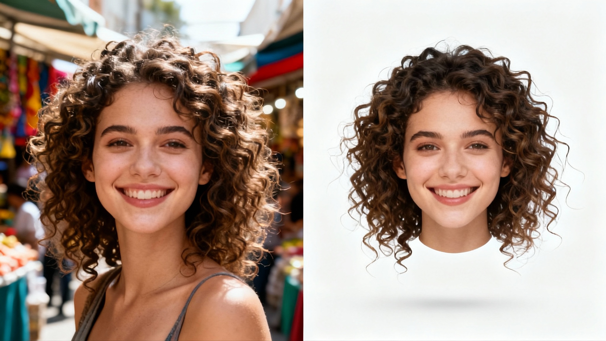 A comparison image showing the face cutout effect. On the left, a woman's portrait with a busy background. On the right, the same woman's face is perfectly isolated on a clean white background.