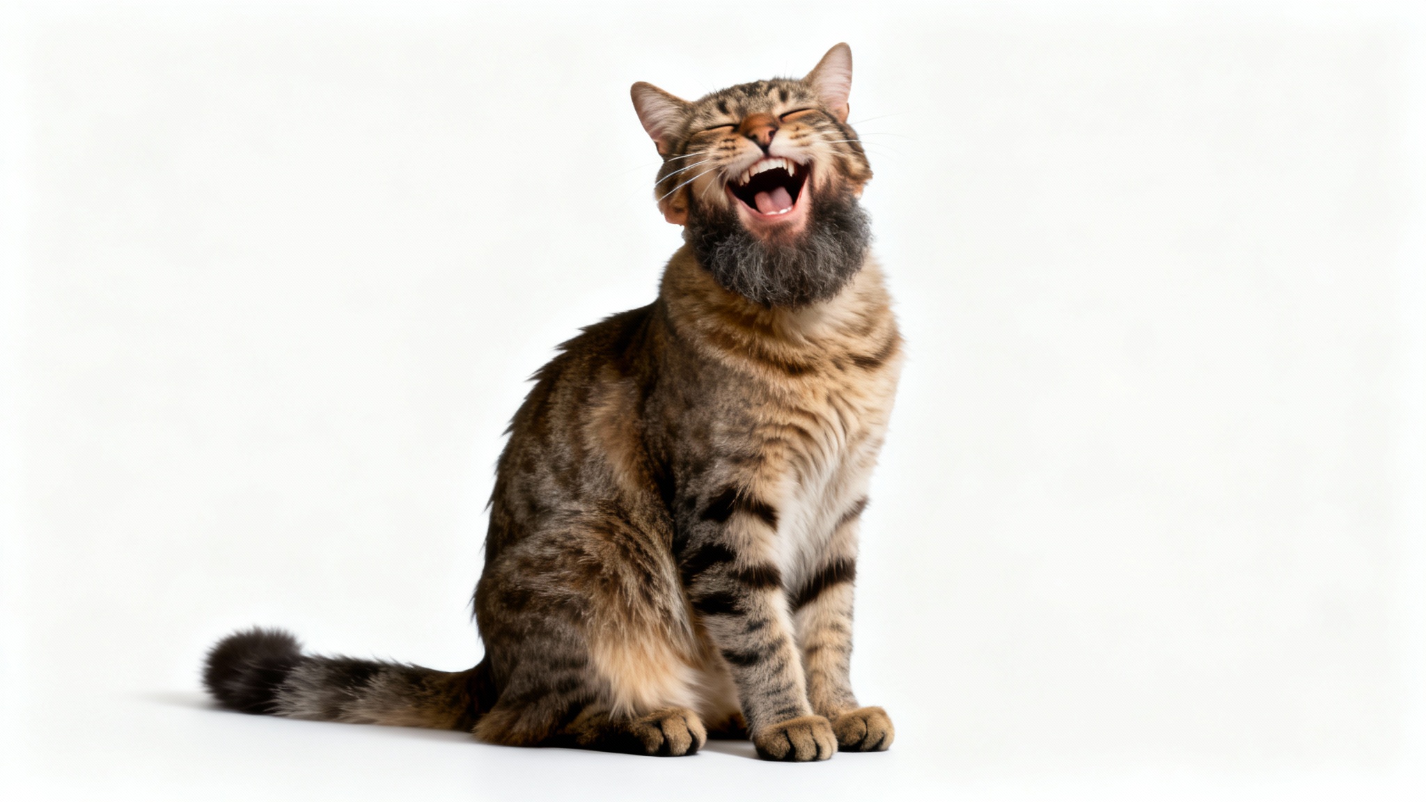 A humorous photorealistic mockup showing the perfectly cut-out head of a laughing man placed on the body of a cat, isolated on a clean white background.