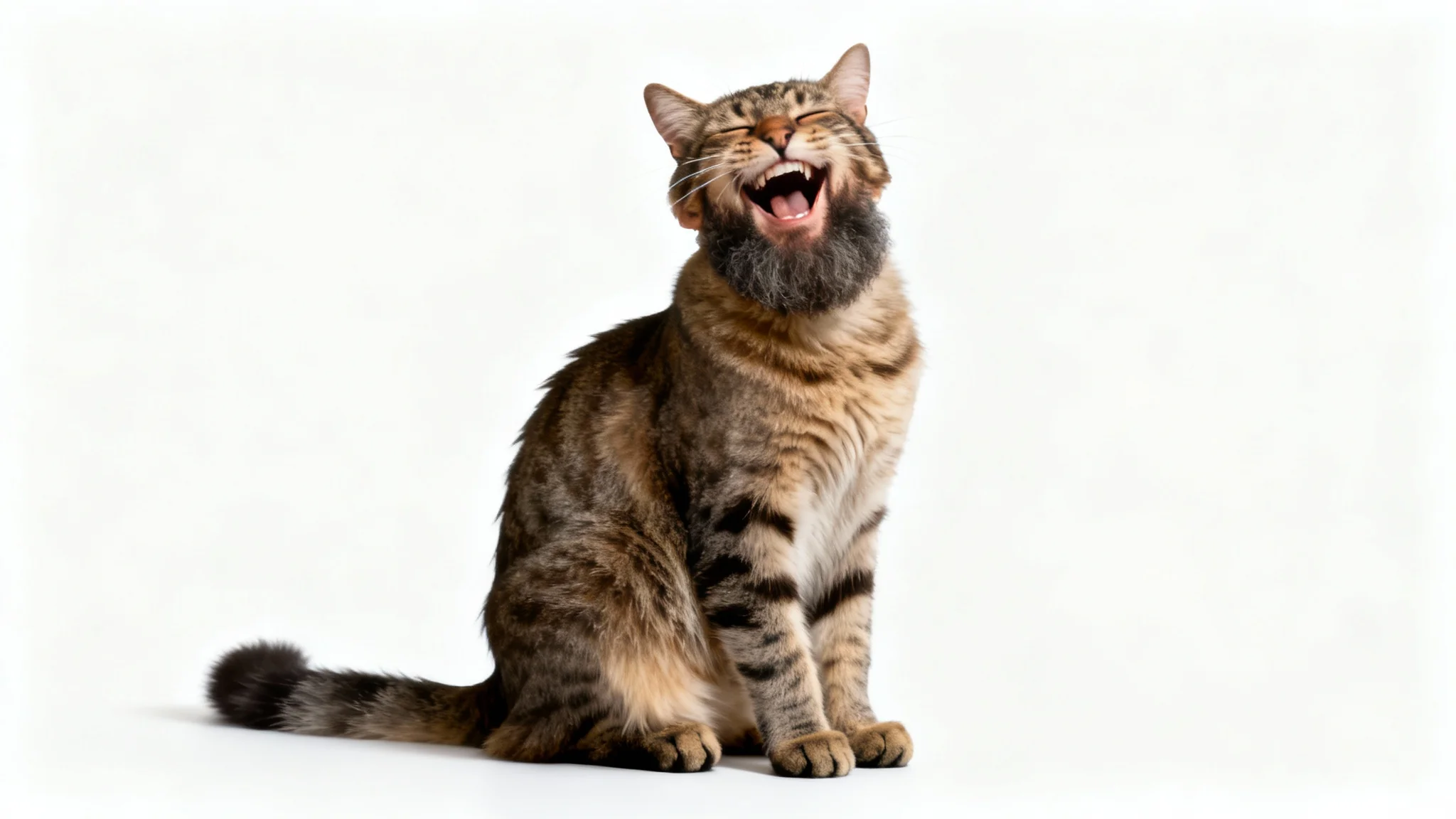 A humorous photorealistic mockup showing the perfectly cut-out head of a laughing man placed on the body of a cat, isolated on a clean white background.