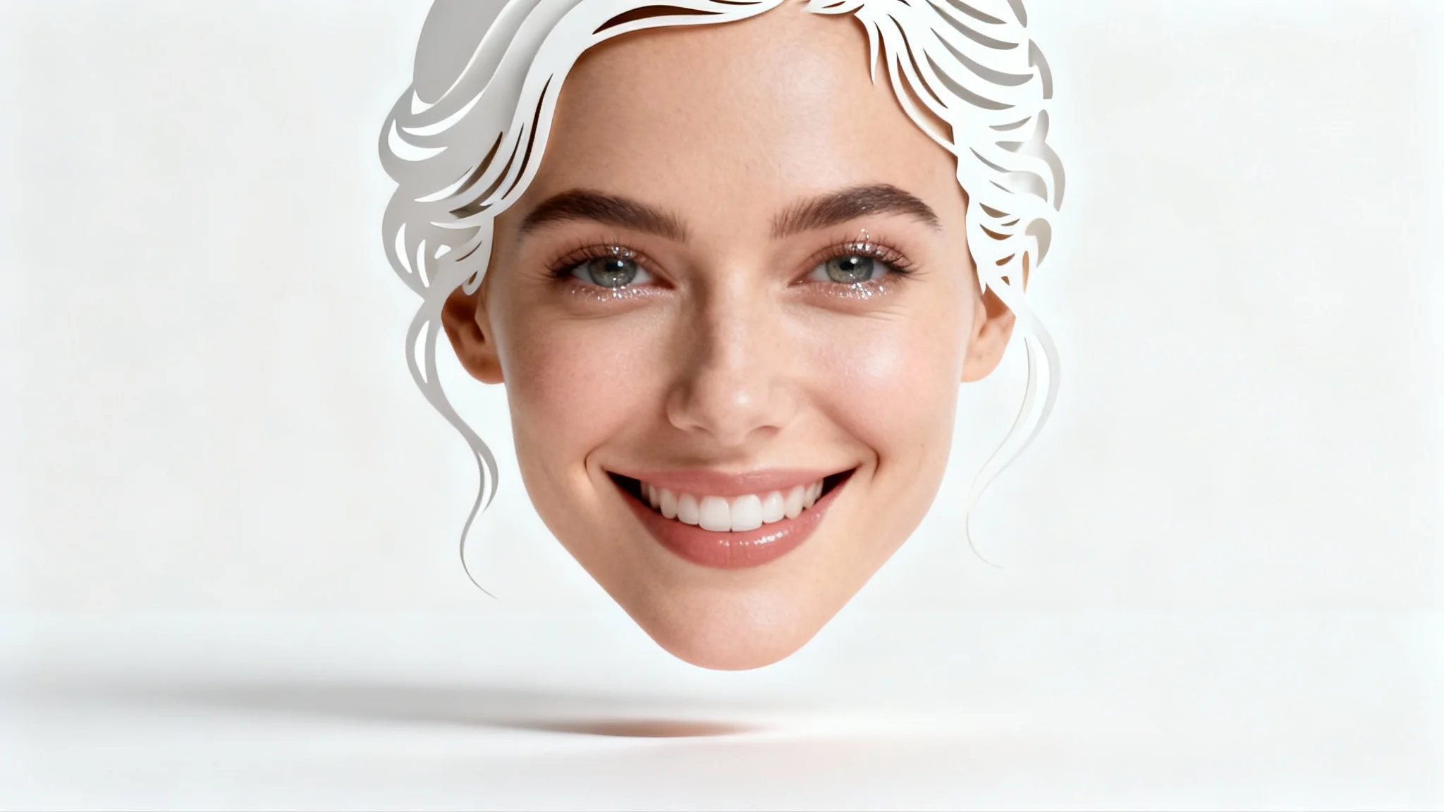 A photorealistic image of a woman's smiling face perfectly cut out and floating over a white background with a subtle shadow, demonstrating a face cutout effect.