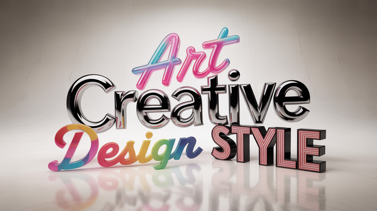 An eye-catching graphic showcasing various word art styles, including the word 'CREATIVE' in 3D chrome, 'ART' in neon, 'DESIGN' in watercolor, and 'STYLE' in retro 3D, all arranged on a clean white background.
