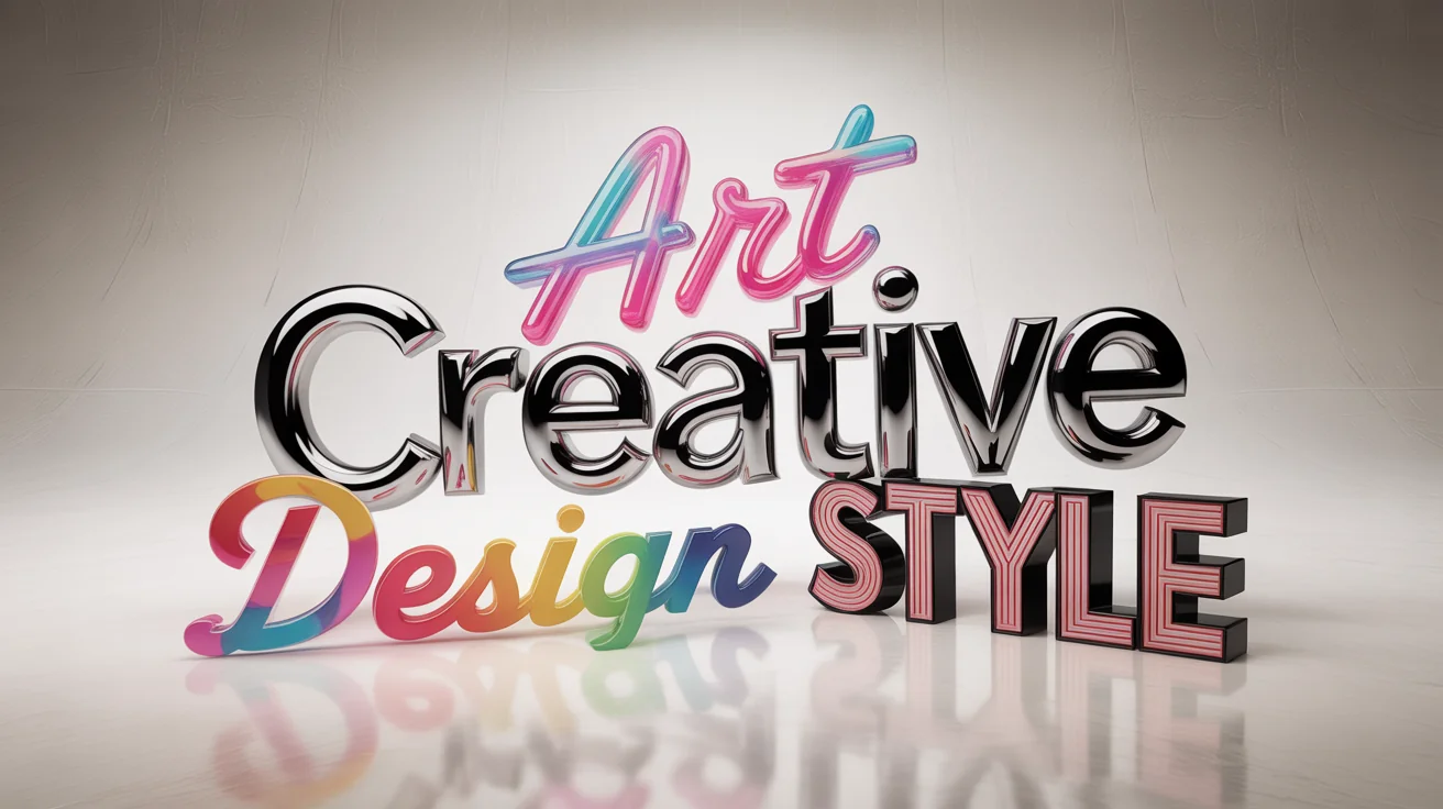 An eye-catching graphic showcasing various word art styles, including the word 'CREATIVE' in 3D chrome, 'ART' in neon, 'DESIGN' in watercolor, and 'STYLE' in retro 3D, all arranged on a clean white background.