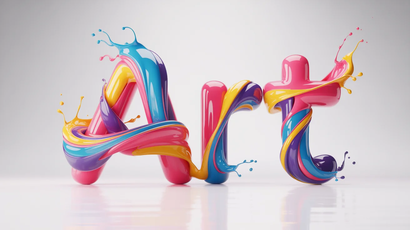 Colorful 3D word art of the word 'ART' made of swirling liquid paint, set against a clean white background.
