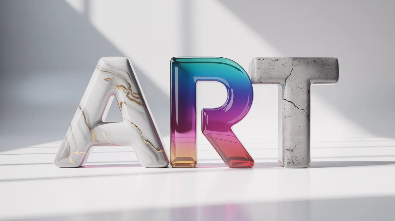 Photorealistic 3D word art of the word 'ART' against a white background. The letter 'A' is made of marble, 'R' is made of colored glass, and 'T' is made of concrete.