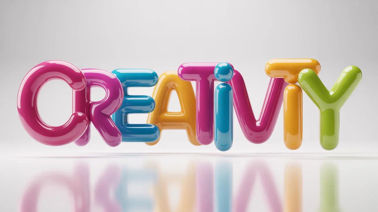 A 3D rendering of the word 'CREATIVITY' in vibrant, glossy, balloon-like letters floating against a clean white background.
