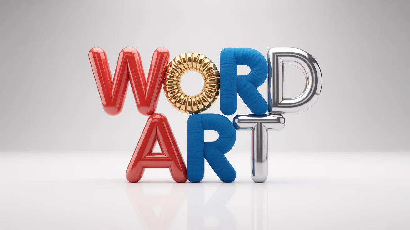 A colorful 3D rendering of the words 'WORD ART' in various playful fonts, materials, and textures, set against a plain white background.