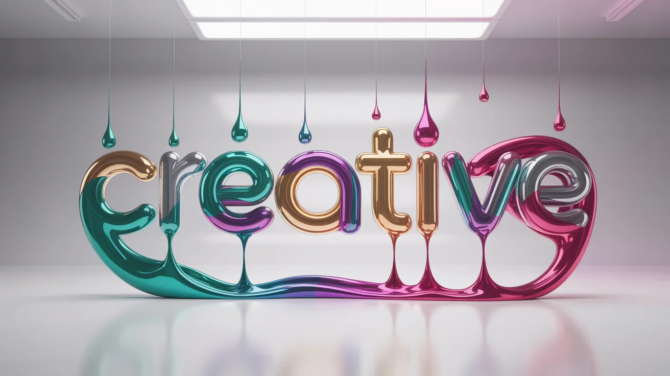 A photorealistic 3D word art of the word 'CREATIVE' rendered in a mix of glossy chrome and colorful swirling paint, set against a clean white background.